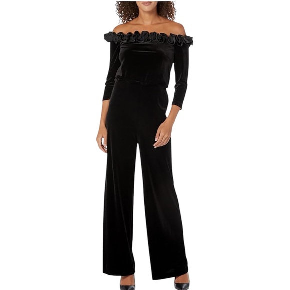 Adrianna papell black wide leg raffle off shoulder velv jumpsuit  28 w whimsy - Picture 1 of 12